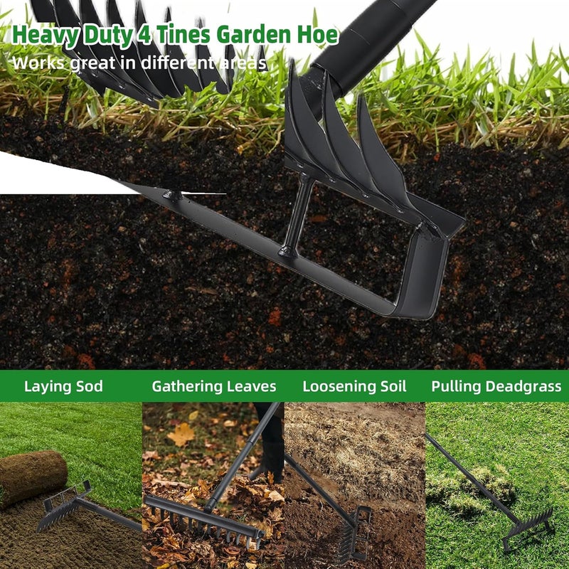 Pragmatist 76.8" Garden Hoe and 12 Tines Rake 2-in-1 Garden Tool for Weeding, Garden Cultivator with Adjustable Long Handle Heavy Duty Weed Puller Stirrup Hoe for Ditching, Seeding, Loosening Soil - Image 5